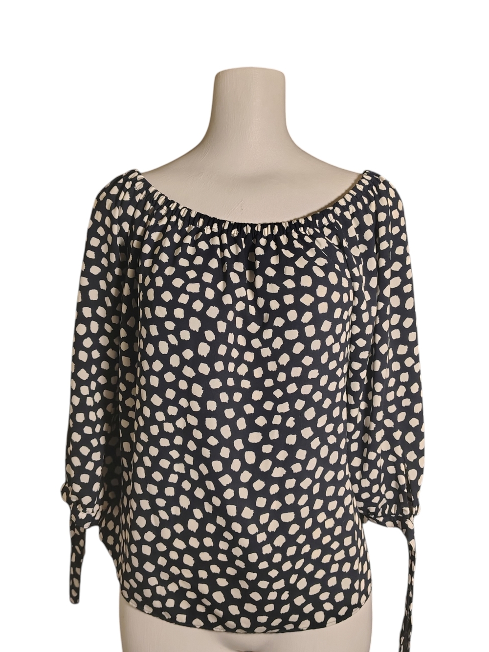 J. CREW Peasant Blouse Off Shoulder Women's Size XS Small Navy Blue Tie Sleeve